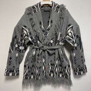 Greyson Womens XL Aztec Cardigan‎ Southwestern Wool Cashmere Fringe Light Gray